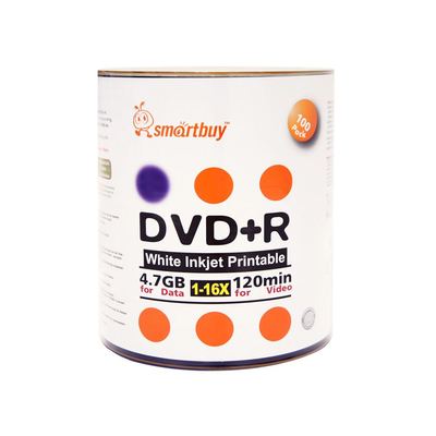 100 Smartbuy 16X DVD+R 4.7GB White Inkjet Hub Printable Blank Recording Disc