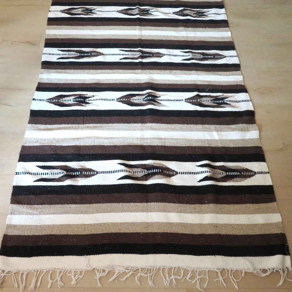 Cobertor listrado mexicano tecido à mão vintage franja lance duplo 78′′x46" feito no México - Imagem 3 de 4