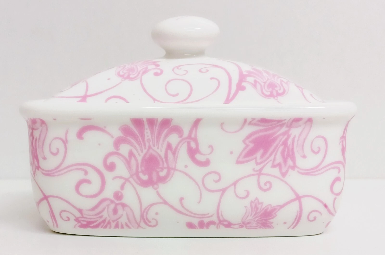 Parisian Pink Butter Dish Fine China Floral Swirl Scroll Dish Lid Decorated UK