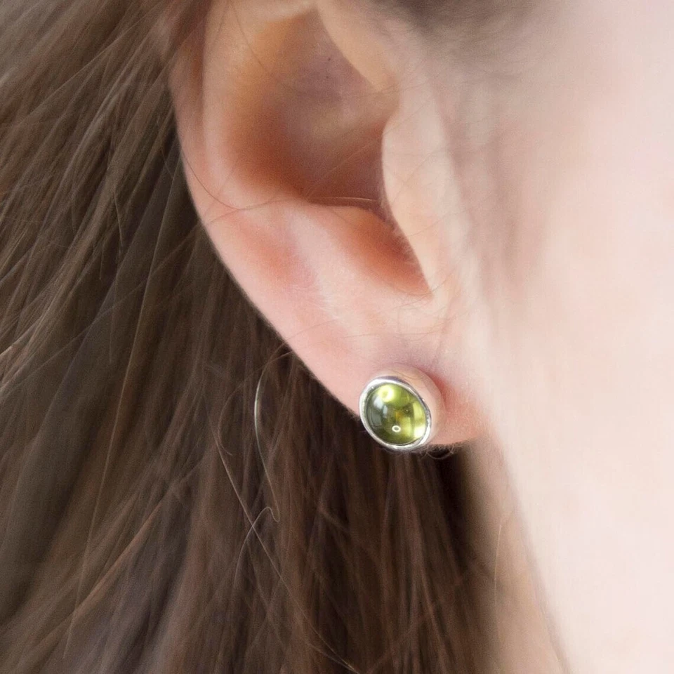 Natural Peridot Round Cabochon Gemstone 925 Sterling Silver Women Stud Earrings - Image 4 of 4
