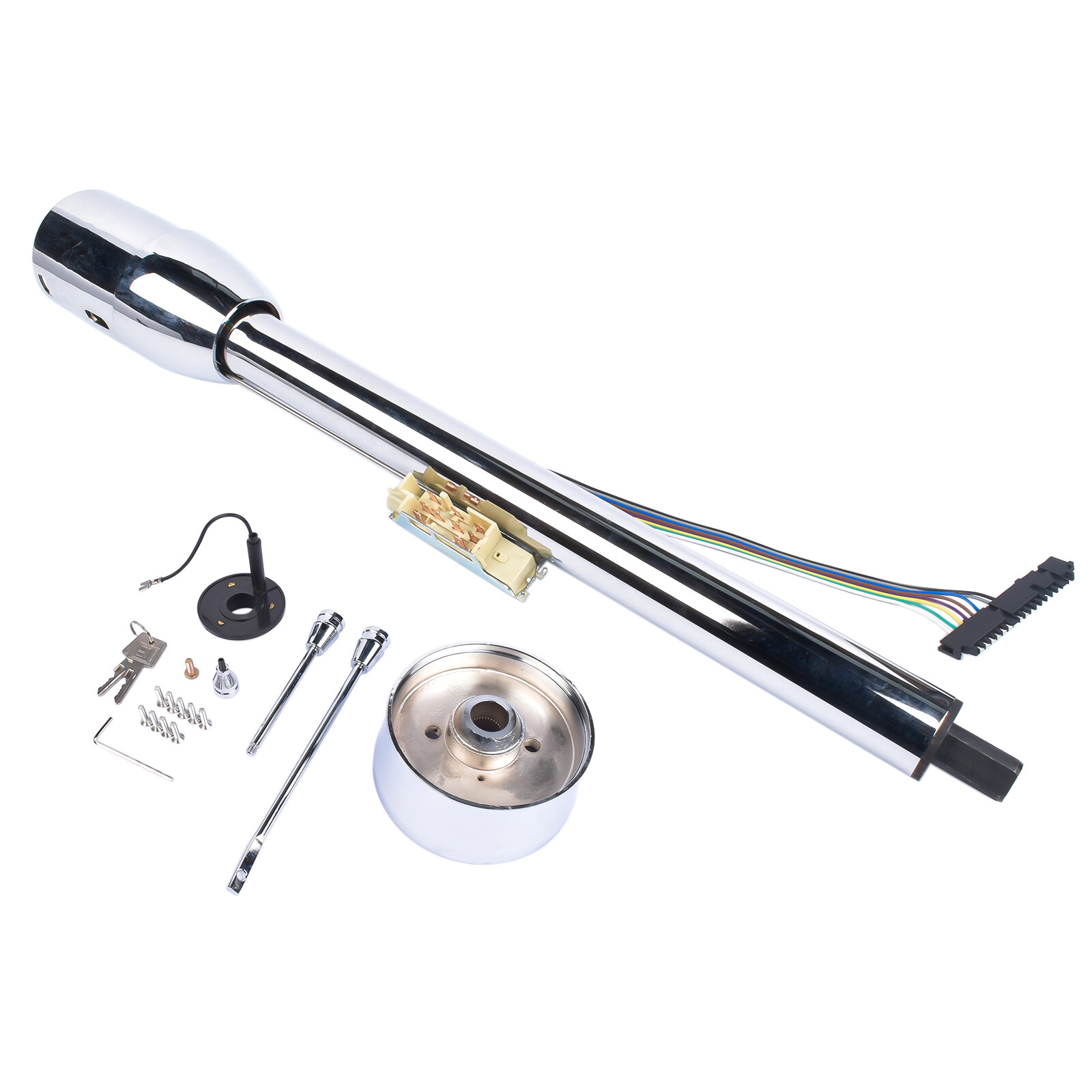 30-Inch GM Tilt Manual Chrome Floor Shift Steering Column with Key & 9-Bolt Adapter