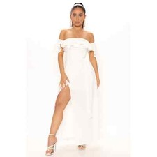 Fashion  Nova Mara White Ruffle Off the Shoulder High Slit Maxi / XS