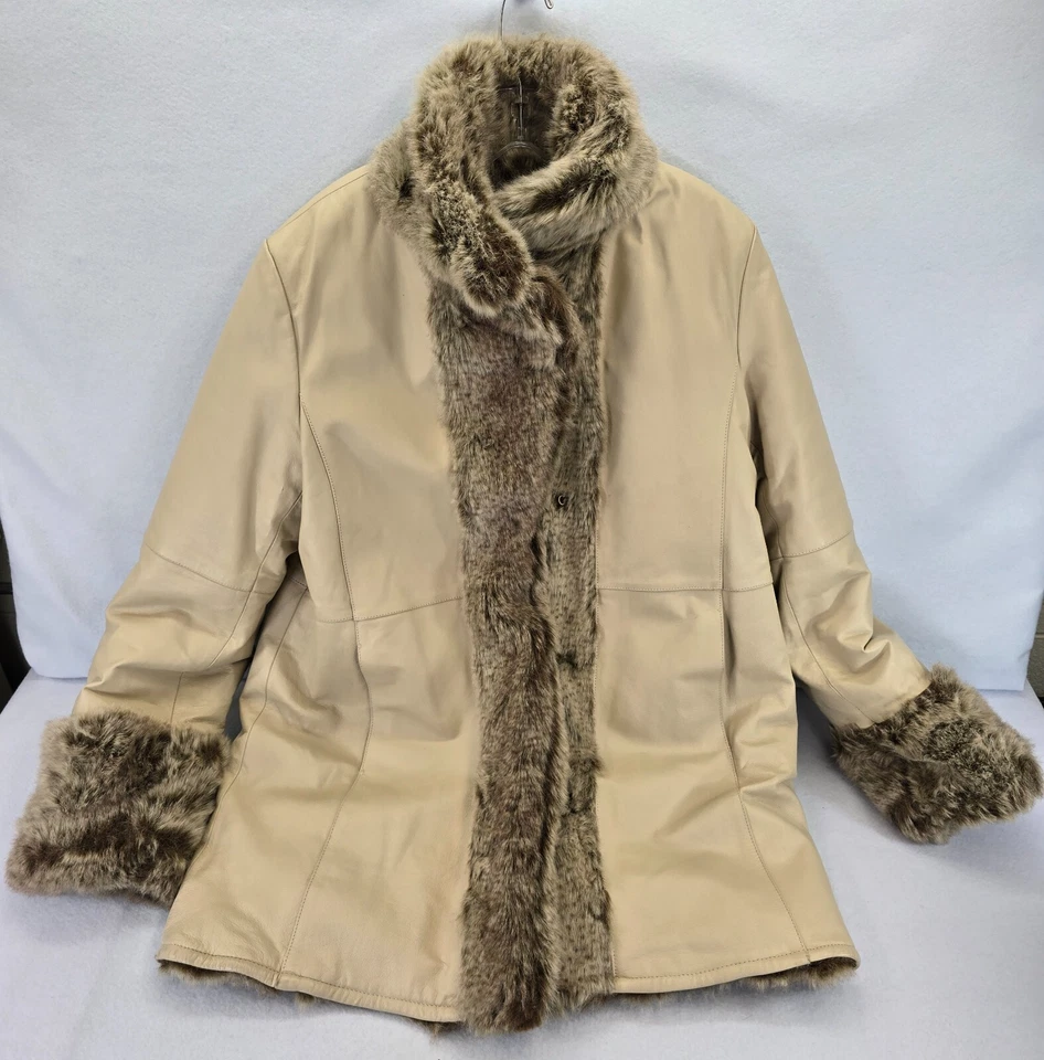 Vtg Excelled Collection Beige Leather Winter Coat Reversible Faux Fur Womens XL - Image 4 of 4
