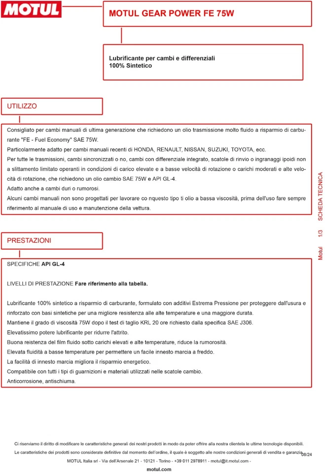 Olio Cambio MOTUL GEAR POWER FE 75W API GL4 SINTETICO CAMBI TRASMISSIONI 2 Litri - Immagine 4 di 4