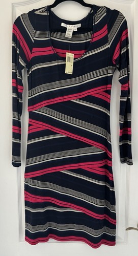 NWT $118 Max Studio Blue Gray Black Raspberry Strip Bandage Front Dress Medium - Picture 1 of 7