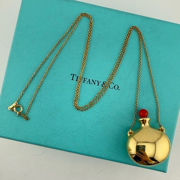 Tiffany & Co. 18k Coral Elsa Peretti Bottle Round Bottle Pendant Necklace 13g
