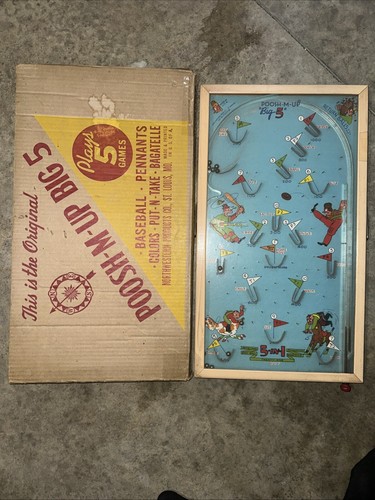 VTG POOSH-M-UP BIG 5 In 1 Football Pinball Game 13x23 Baseball W/ Original Box!!