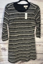 Loft Gray And Black Striped Mid Length Zipper Back 3/4 Sleeve Dress 6p NWT