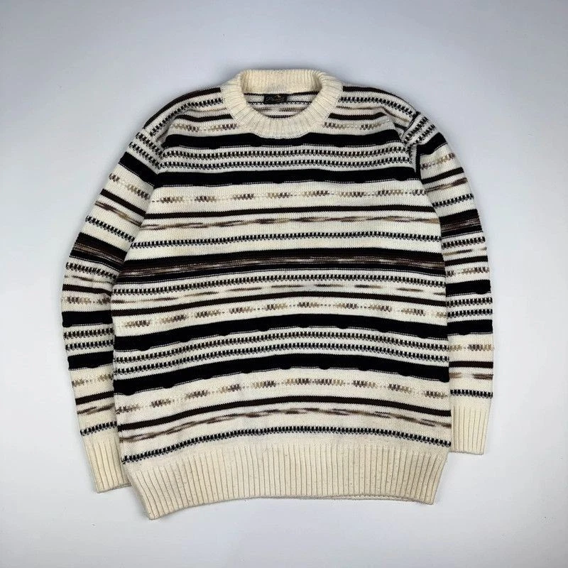 Vintage Chunky Knit Jumper Mens Medium Funky Stripe Patterned Wool Blend Sweater