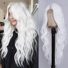 Long White Wavy Wig Middle Part for Women 26 Inch White Curly Wavy Natural Lo...