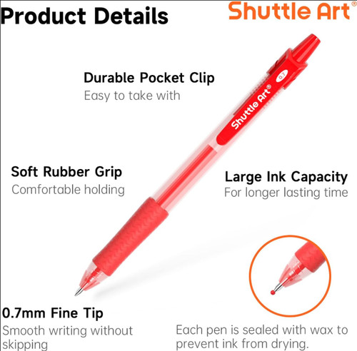 Shuttle Art 1-Pack Red Gel Pens 0.7mm - Retractable Medium Point Rollerball