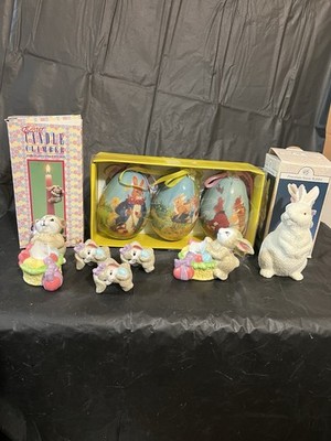 Easter Lot. Decorated Eggs, Candle Holder And Climbers, Porcelain Snow Rabbit