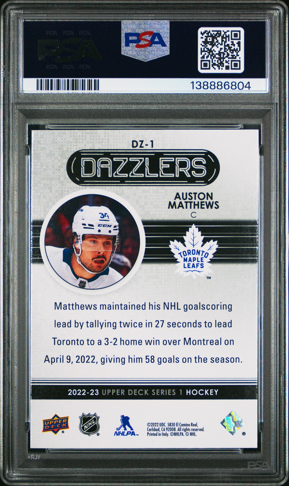 2022 Upper Deck Auston Matthews (Dazzlers-Red) #DZ1 PSA 10 Toronto Maple Leafs view 2