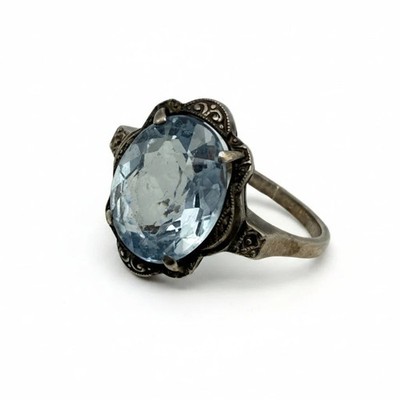 Antiker Art Deco Ring 935 Silber Aquamarin Hellblau Stein Gr 56 Vintage 1930