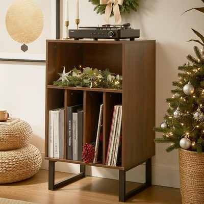 Small Record Player Stand with Vinyl Storage Cabinet, Turntable Table for Alb...