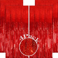 4 Pack Red Tinsel Foil Fringe Curtains Backdrop, Red Metallic Fringe Backdrop...
