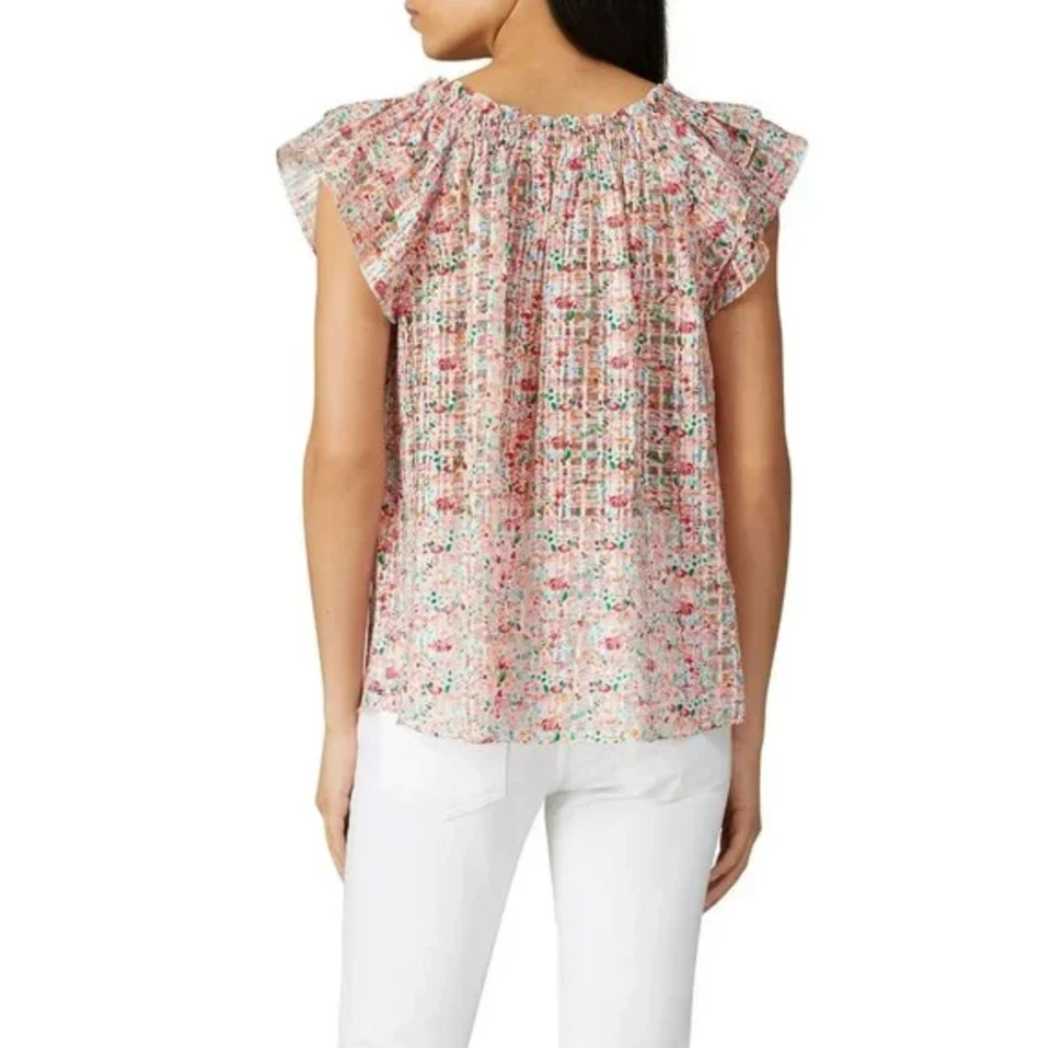 Top Shoshanna Talla Pequeña Multicolor Estampado Floral Rosa Manga Corta Semi Transparente Foto 3 de 4