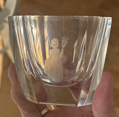 Orrefors Crystal Vase Etched Girl with flowers - Beautiful- Hand Signed