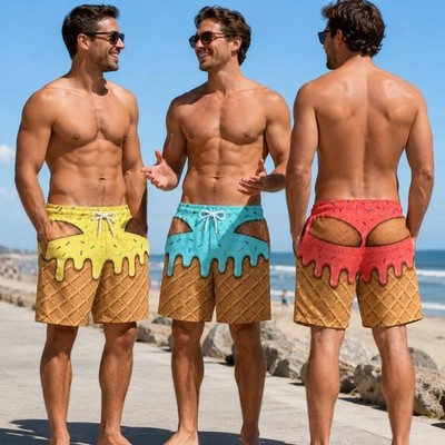 Lustige Herren-Badeshorts Eiscreme-Druck Neuheit Strandhose schnelltrocknend Sommer Gif