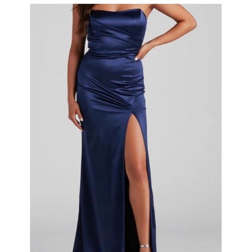 Strapless Navy Blue Satin Formal Dress Gown Slit Sexy Elegant Party ...