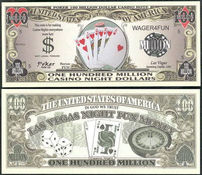 Lot of 400 - POKER, BLACKJACK, CRAPS, ROULETTE CASINO (100 OF 4 DIFFERENT BILLS)