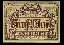 1919 Germany BENSHEIM 5 Mark Banknote
