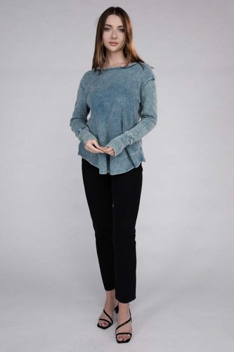 ZENANA Long Sleeve Top Washed Waffle Knit Round Neck Solid Color 100% Cotton - Picture 8 of 22