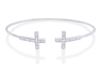 0.10 Ctw Real Diamond Double Cross Bangle Bracelet 14K  Gold Plated Sterling