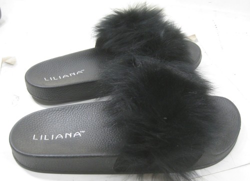 LILIANA NEW BLACK SLIP ON open toe FURRY sandal Woman Size 9