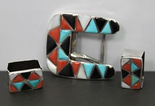Old Zuni Style Sterling Silver Native American Belt Buckle w/ 2 Loop Sliders