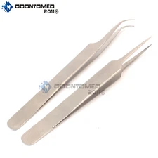Set Of 2 Pcs Best Tweezers For Eyelash Extension - Straight And Curved Pointed