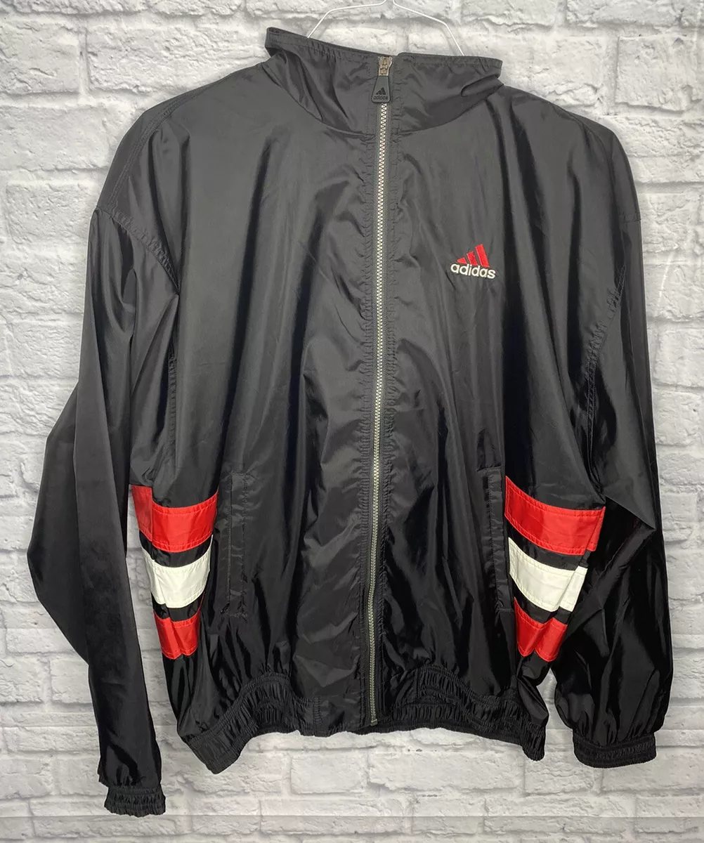 Vintage Adidas Windbreaker Jacket Zip Up Black Red White Mens XL 1990s Adidas