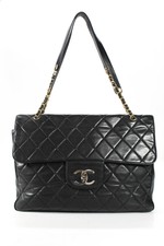 Chanel Womens Turnlock Quilted Vintage XXL Travel Flap Bag Black Leather