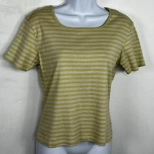 Talbots Petites Womens Top Sz P Lime Green White Striped Short Sleeve T Shirt