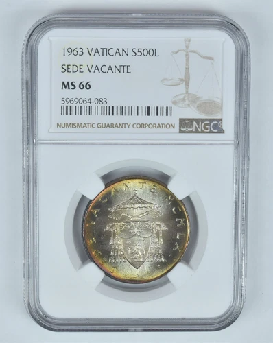 MS66 1963 Vatican 500 Lire Silver Sede Vacante NGC Toned! *8993