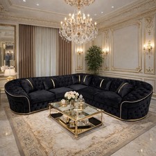 Ambassador Corner Sofa Black Velvet with Gold Detail | Luxury