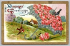 Vintage Embossed Birthday Postcard with Floral Umbrella & Birds