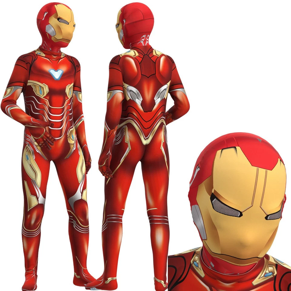 Kids Superhero Cosplay Iron Man Costume Jumpsuit Bodysuit Mask Party Fancy Dress - Image 2 of 4
