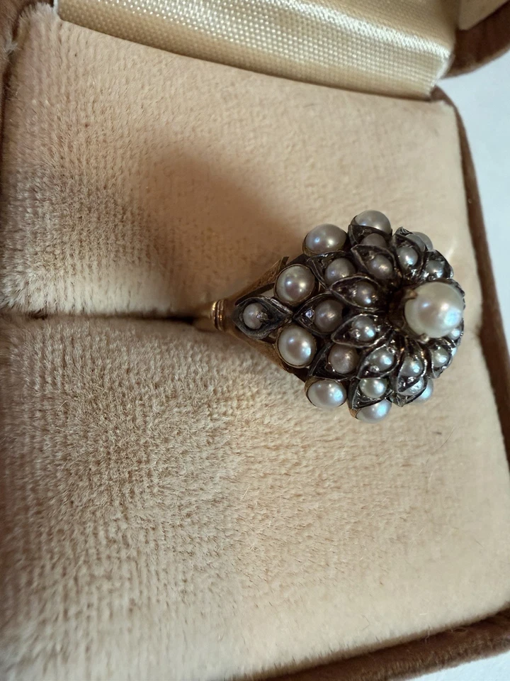 Antique 14k Yellow Gold Pearl Cluster Cocktail Ring - Size 7 - 5.085 Grams - Image 2 of 4