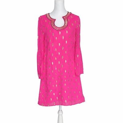 Lilly Pulitzer Amory Silk Dress Pink Gold Metallic Shift Bell Sleeve Size 2