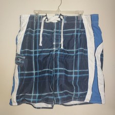 Ocean Pacific Men's Board Shorts Large Mesh Lined Cargo Swim Trunks Blue Plaid