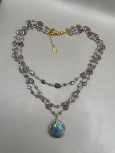 Authentic Rachel Reinhardt Signed 14k Gold Plated Labradorite Pendant 3 Strands Necklace