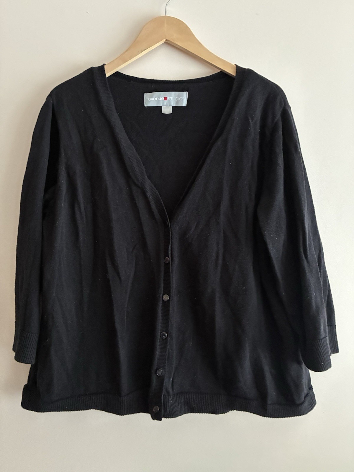 Avenue Studio Women's Solid Black 100% Cotton Rib-Knit 3/4 Sleeve Cardigan 18/20
