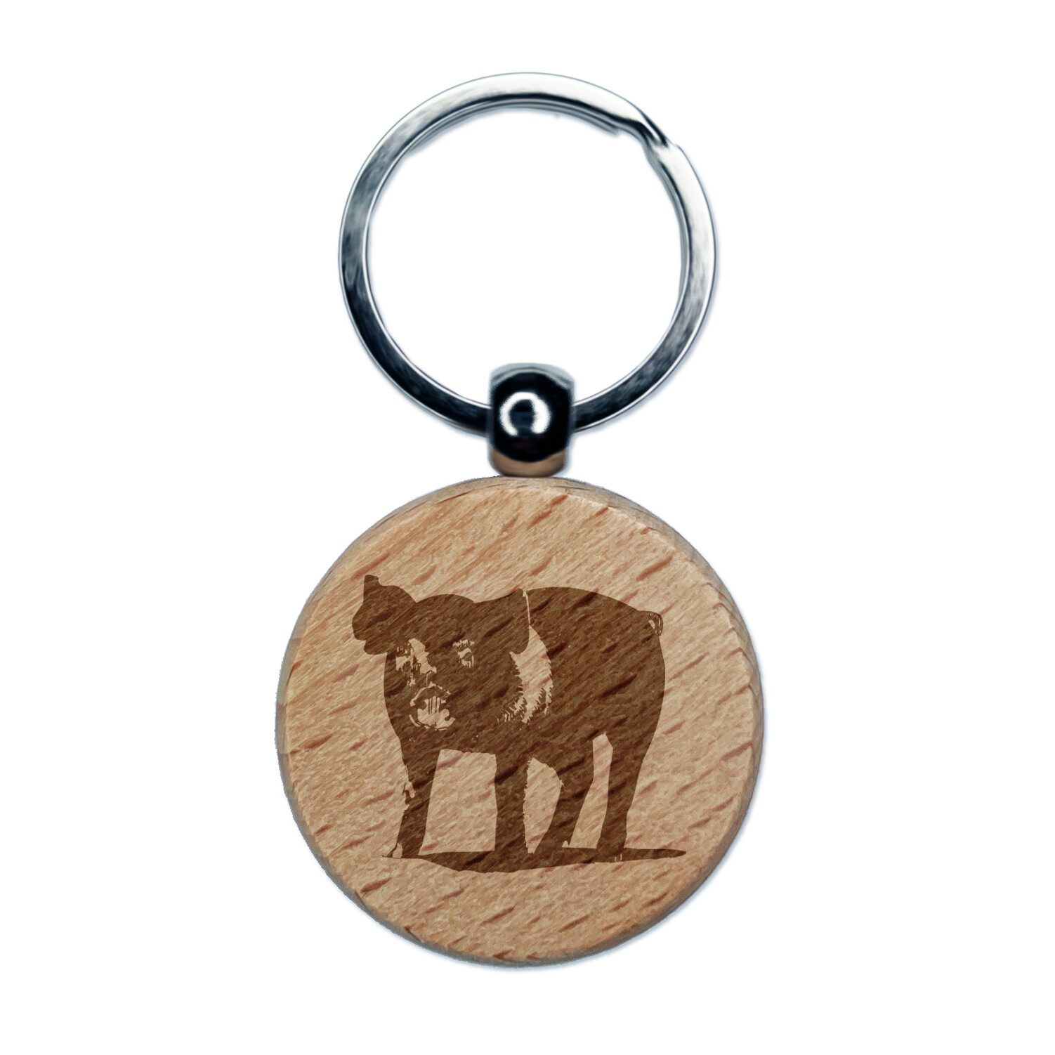Pig Sketch Engraved Wood Round Keychain Tag Charm