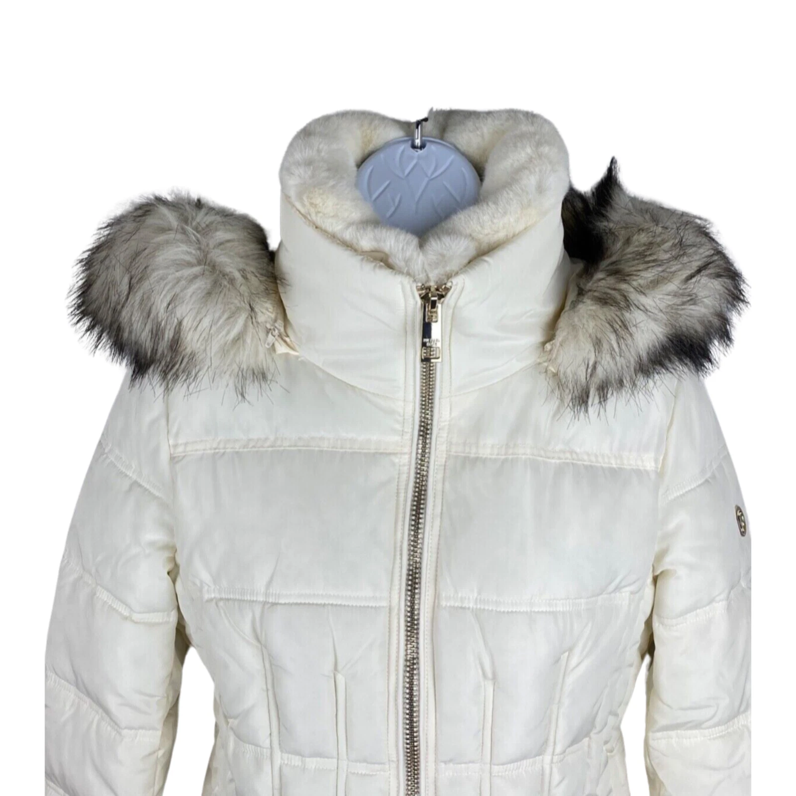 Michael Kors Puffer Jacket Staccabile Ecopelliccia Cappuccio e Collo Taglia S Crema