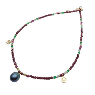 Garnet Agate Ruby Pearl Charm Necklace 3mm Gemstone Cultured Black Pearl Pendant