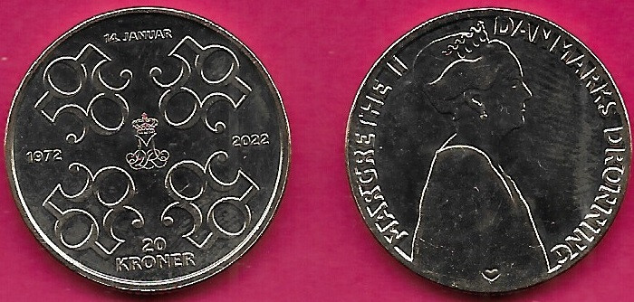 DENMARK 20 KRONER 2022 UNC MARGRETHE II,50th JUBILEE,BUST ON THE