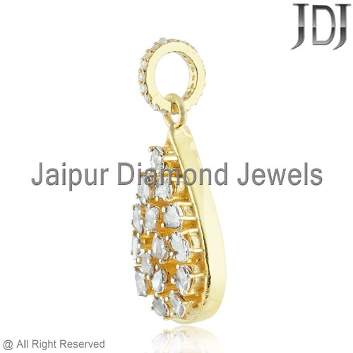Natural Rosecut Polki Pave Diamond 925 Sterling Silver Victorian Drop Pendant - Picture 3 of 6