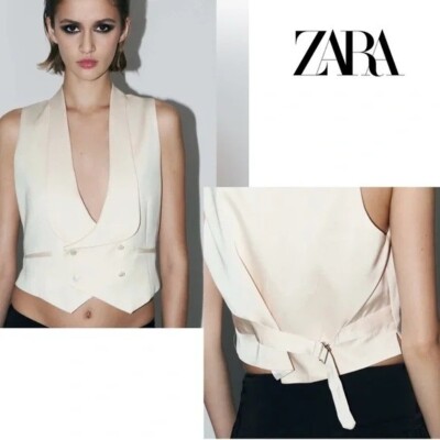 Zara Size XS Beige Double Breasted Tuxedo Vest Waistcoat Satin