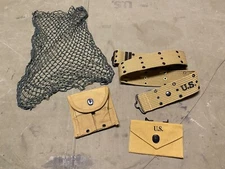 WWII US AIRBORNE & INFANTRY PISTOL BELT, .45 PISTOL BELT & AMMO HELMET NET LOT